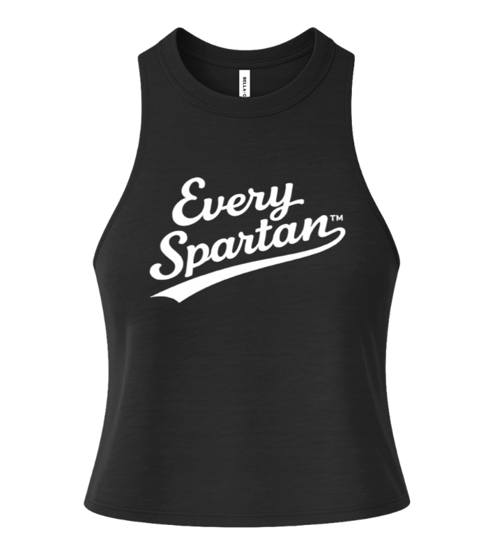 Black sleeveless tank top with white “Every Spartan” text logo on the front