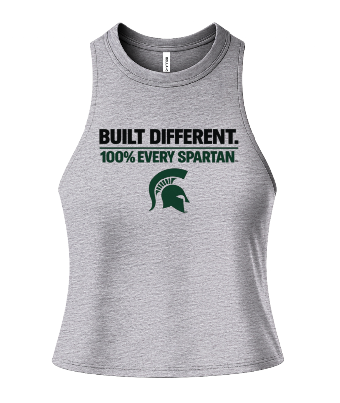 Gray sleeveless athletic shirt with “BUILT DIFFERENT. 100% EVERY SPARTAN” and a green Spartan helmet logo