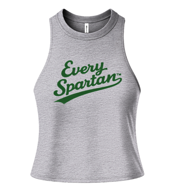 Gray sleeveless tank top with green “Every Spartan” text on the front