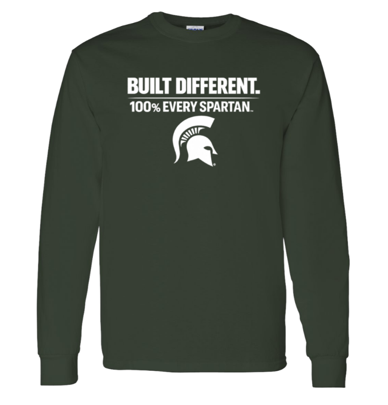 Dark green long-sleeve shirt with “BUILT DIFFERENT. 100% EVERY SPARTAN” and a Spartan helmet logo.