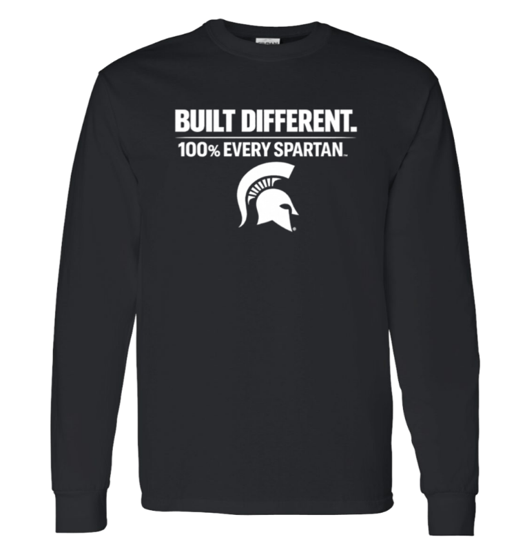 Black long-sleeve shirt with white text “BUILT DIFFERENT. 100% EVERY SPARTAN.” and Spartan helmet logo
