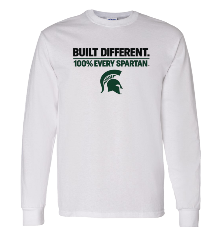 White long-sleeve shirt with “BUILT DIFFERENT. 100% EVERY SPARTAN.” and a green Spartan helmet logo