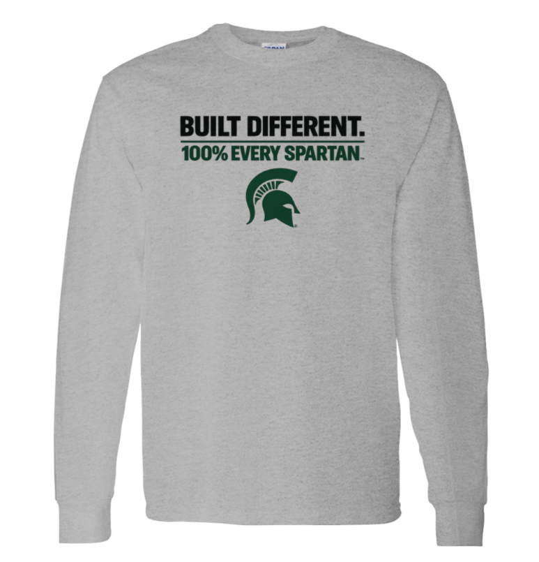 Gray long-sleeve shirt with “BUILT DIFFERENT. 100% EVERY SPARTAN” and a green Spartan helmet logo