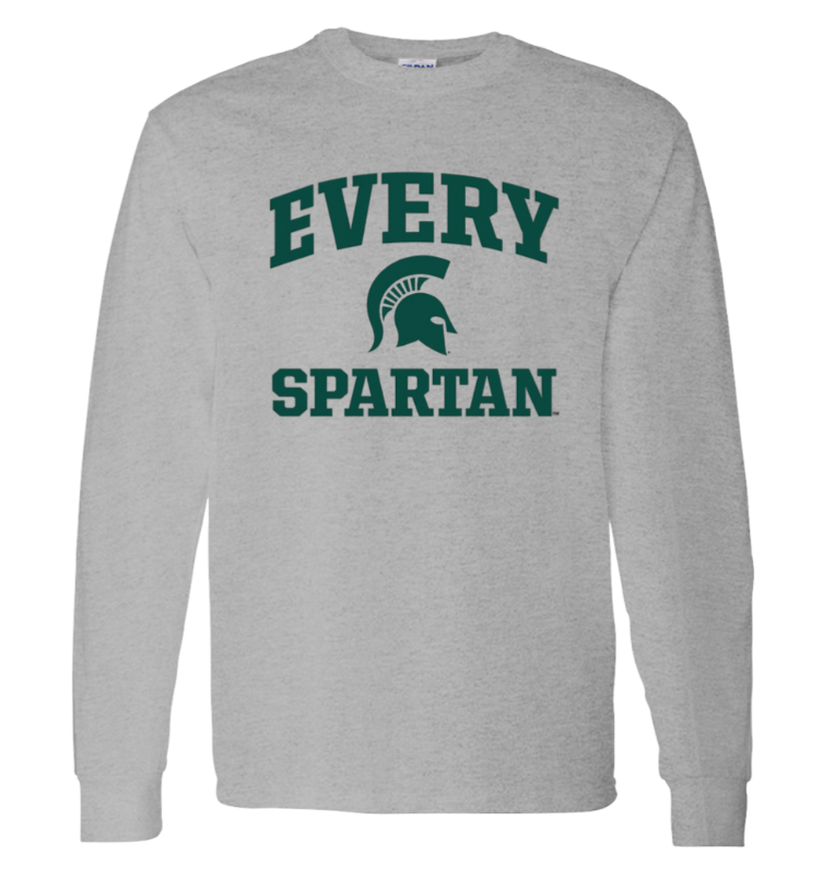 Gray long-sleeve shirt with green “EVERY SPARTAN” text and a Spartan helmet logo on the chest