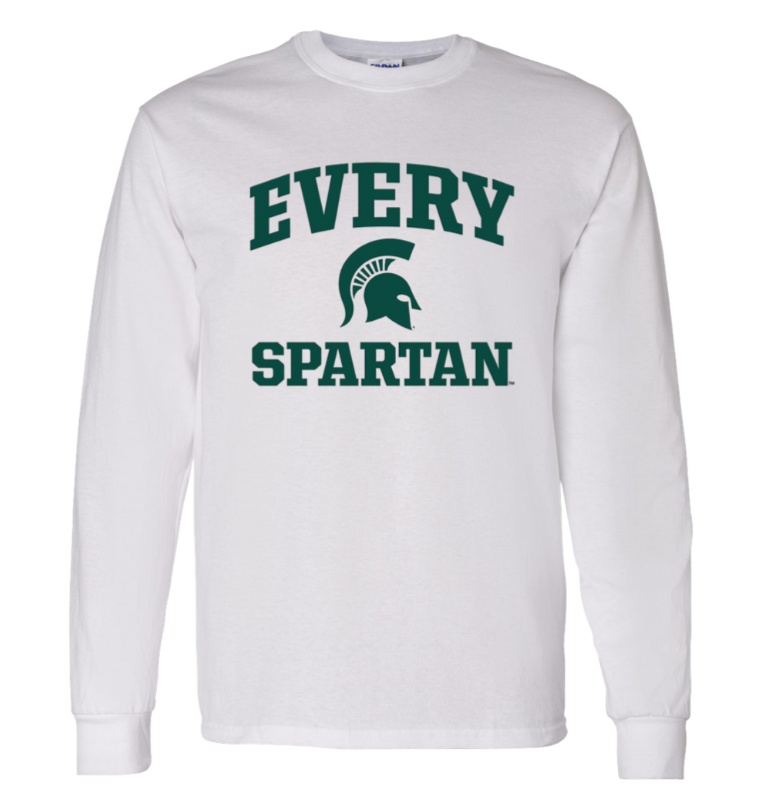 White long-sleeve shirt with green “EVERY SPARTAN” text and Spartan helmet logo on the chest