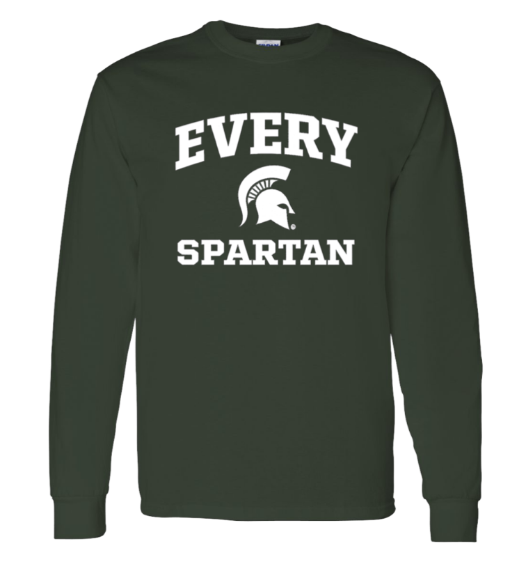 Dark green long-sleeve shirt with white “EVERY SPARTAN” text and Spartan helmet logo.