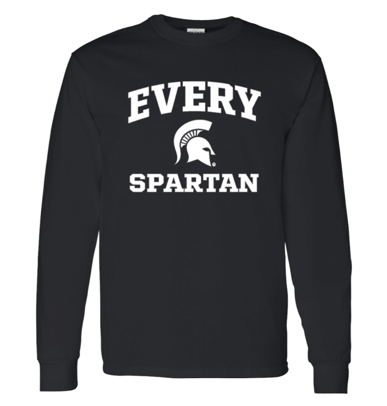 Black long-sleeve shirt with white “EVERY SPARTAN” text and Spartan helmet logo.