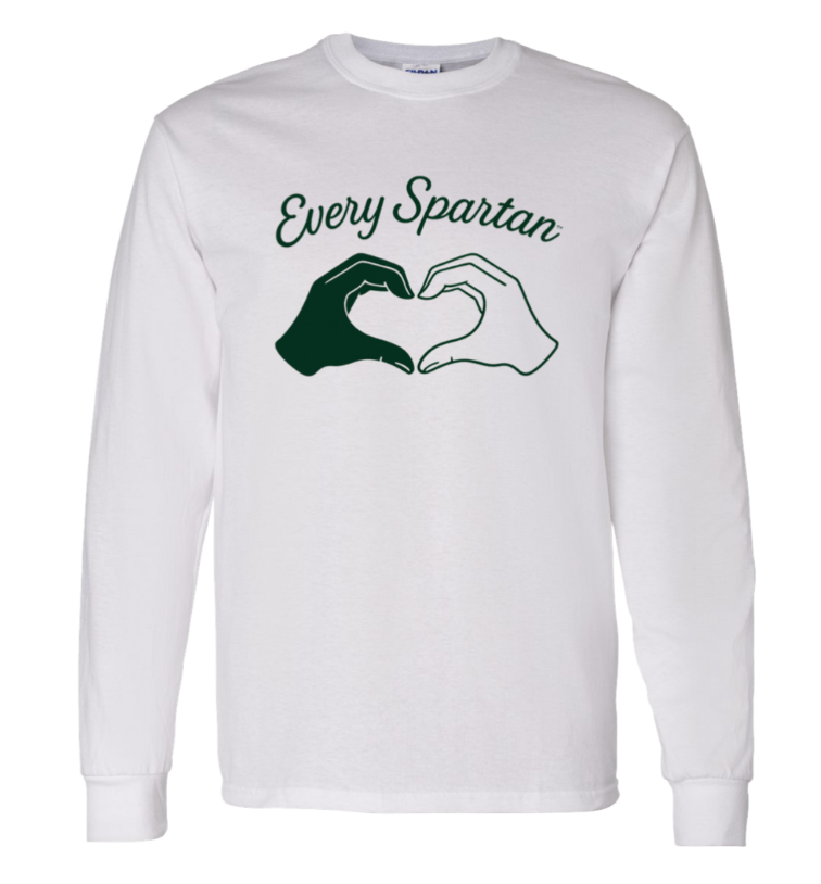 White long-sleeve shirt with “Every Spartan” text and two hands forming a heart graphic on the chest.