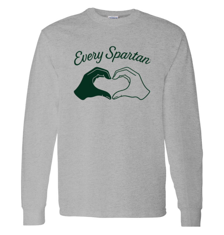 Gray sweatshirt with “Every Spartan” text and green hand-heart graphic