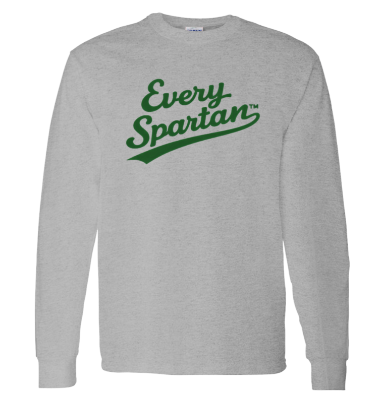 Light gray long-sleeve shirt with green “Every Spartan” logo on the chest