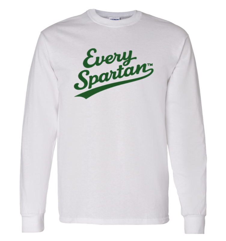White long-sleeve T-shirt with green “Every Spartan” logo on the chest