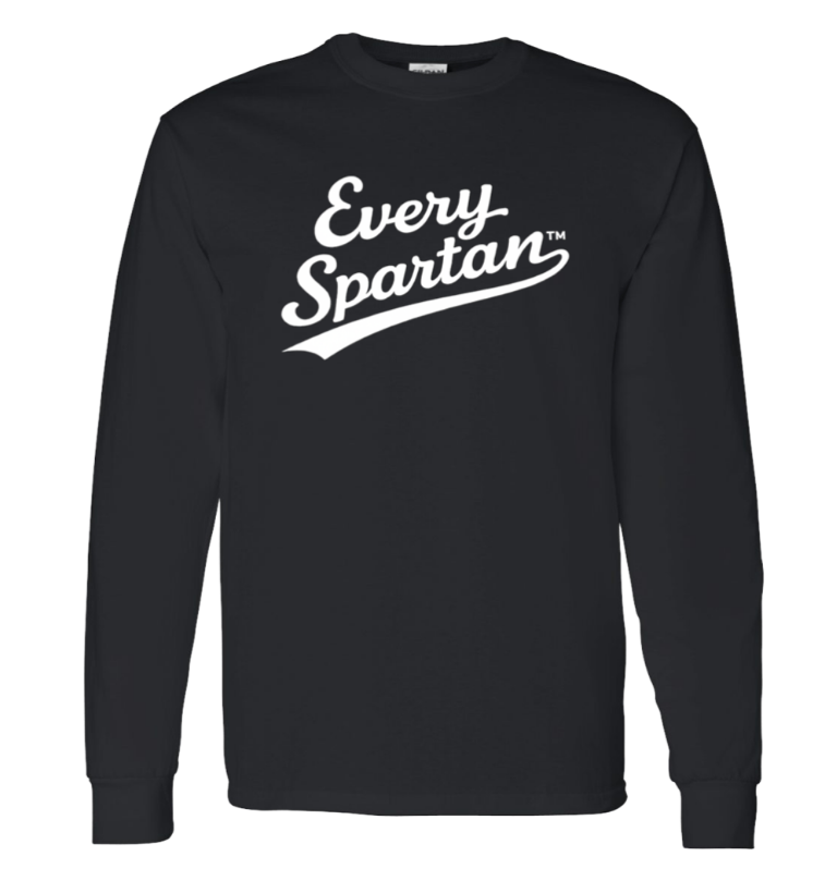 Black long-sleeve shirt with white “Every Spartan” text on the front