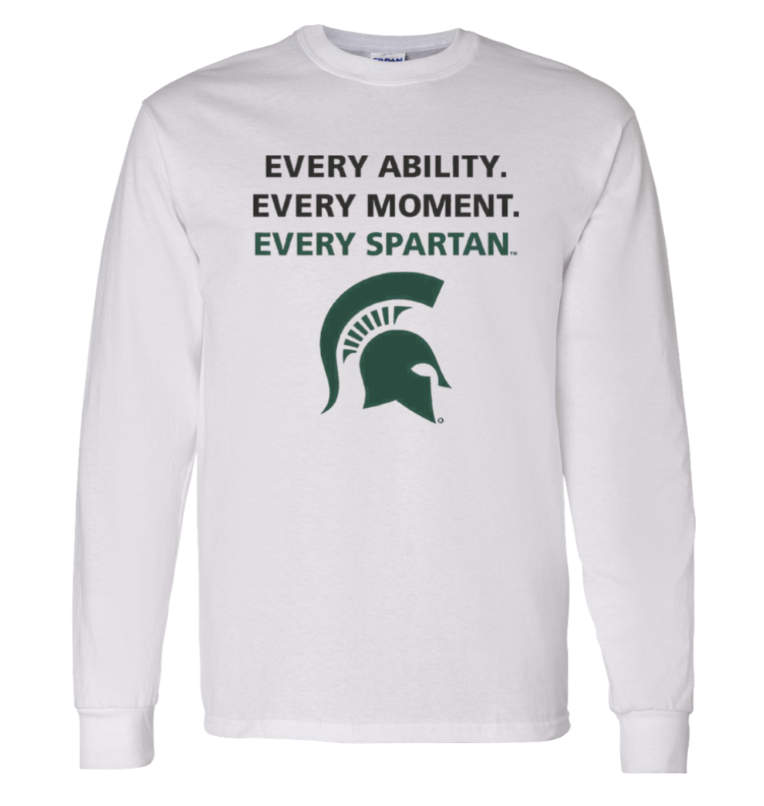 White long-sleeve shirt with green Spartan helmet logo and “EVERY ABILITY. EVERY MOMENT. EVERY SPARTAN.” text