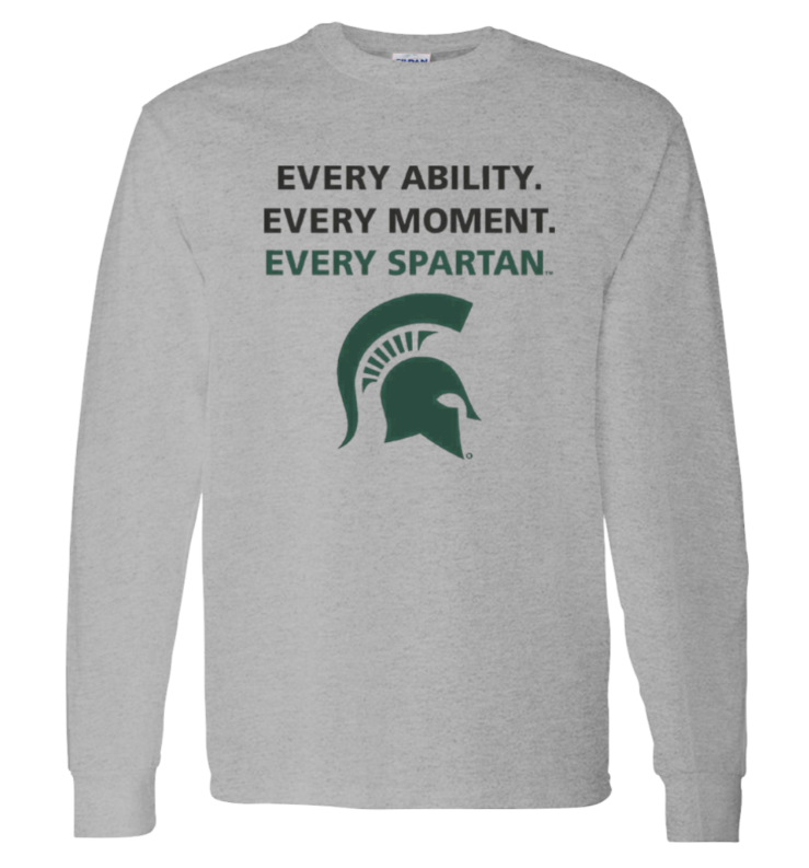 Gray long-sleeve shirt with “Every Ability. Every Moment. Every Spartan.” and a green Spartan helmet logo.