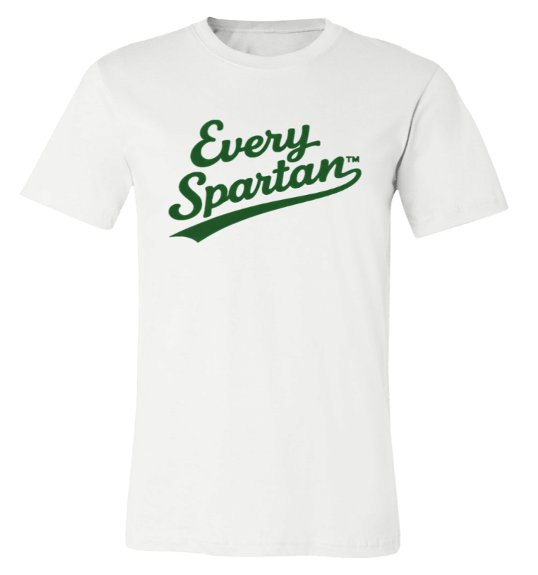 White T-shirt with green “Every Spartan” text logo on the chest
