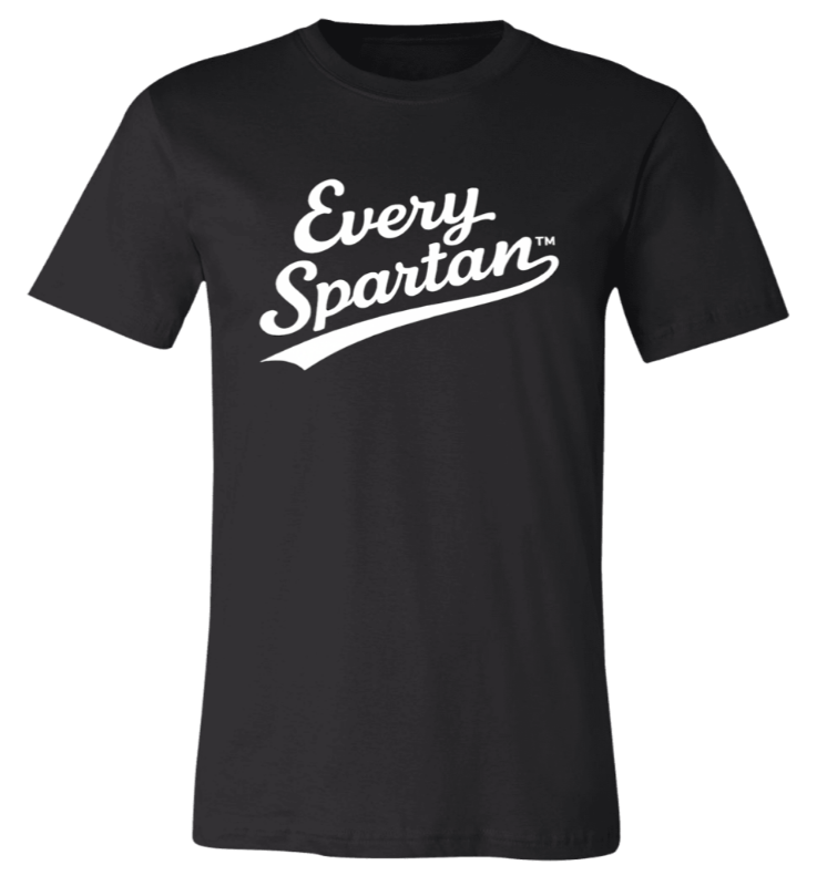 Black T-shirt with the words “Every Spartan” in white script on the chest