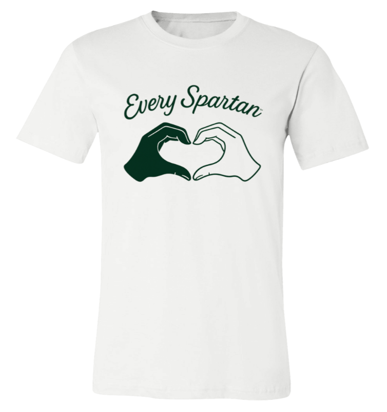 White T-shirt with “Every Spartan” text and two hands forming a heart in green and white