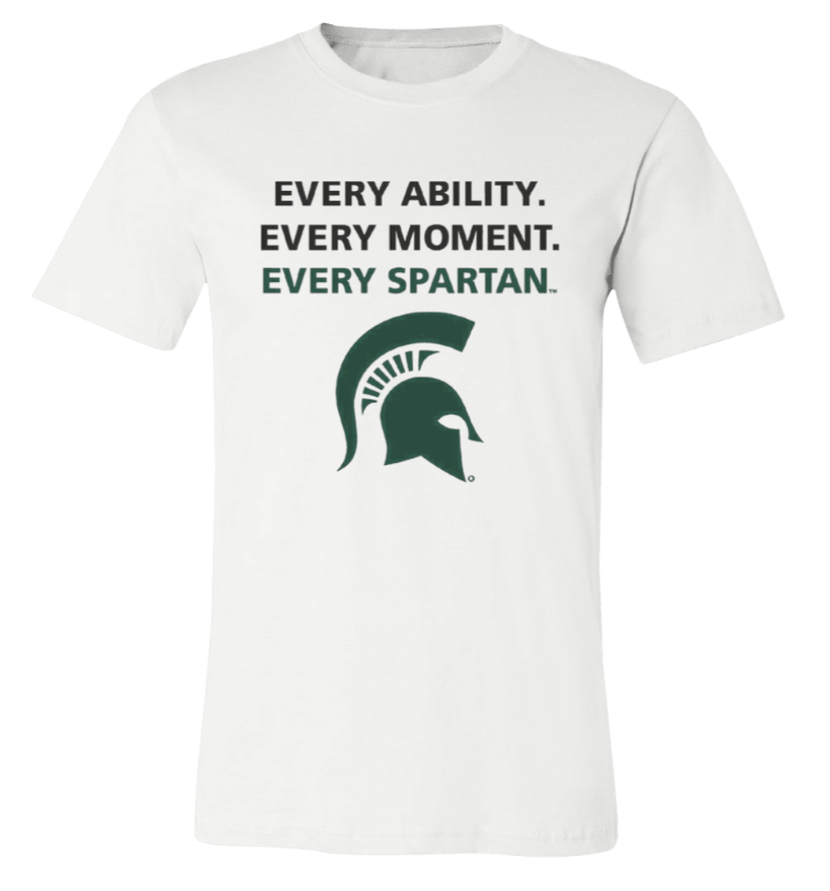 White T-shirt with Spartan helmet logo and text: “EVERY ABILITY. EVERY MOMENT. EVERY SPARTAN.”