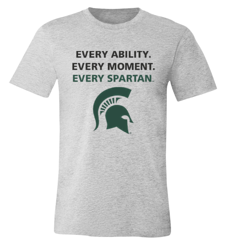 Gray T-shirt with green Spartan helmet logo and text: “EVERY ABILITY. EVERY MOMENT. EVERY SPARTAN”