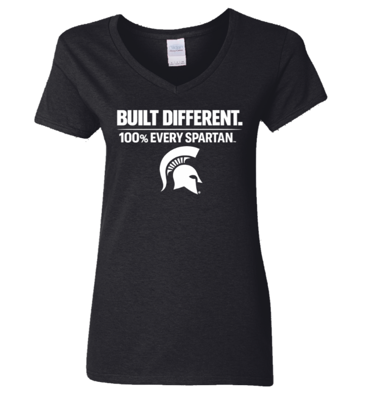Black V-neck T-shirt with “BUILT DIFFERENT. 100% EVERY SPARTAN.” text and Spartan helmet logo on front