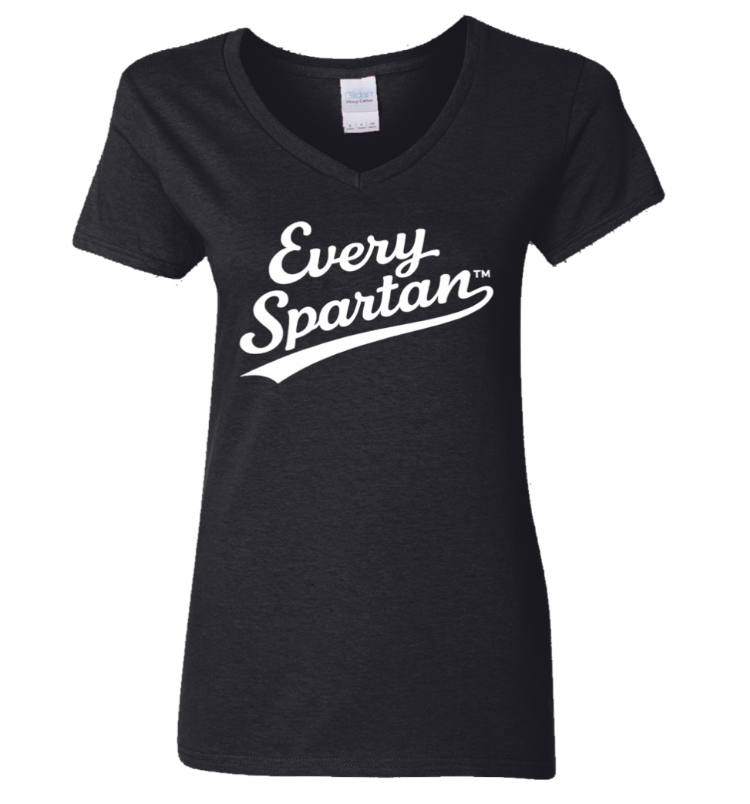 Black V-neck T-shirt with white “Every Spartan” script logo.