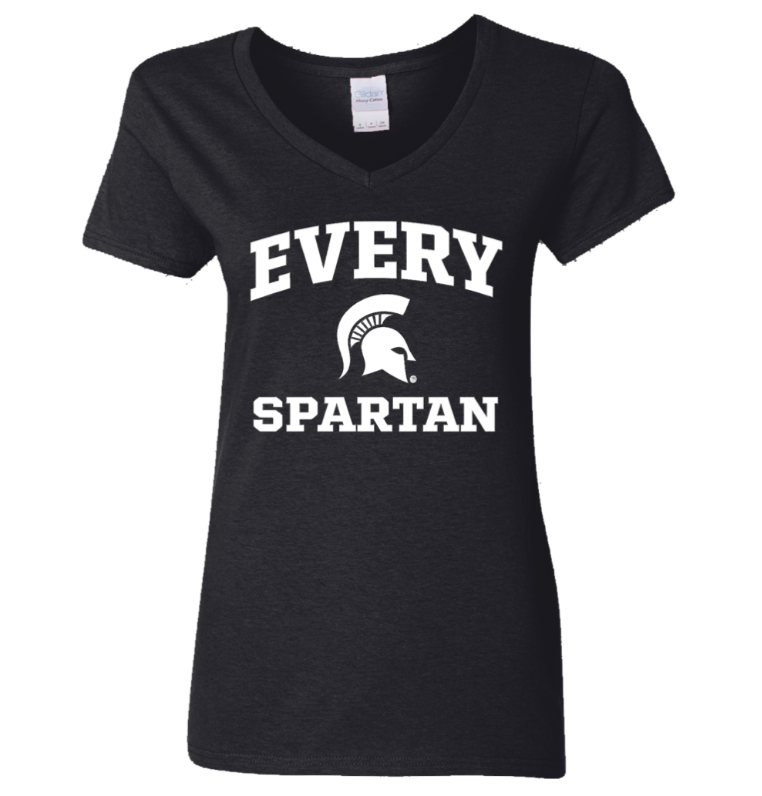Black V-neck T-shirt with white “EVERY SPARTAN” text and a Spartan helmet logo