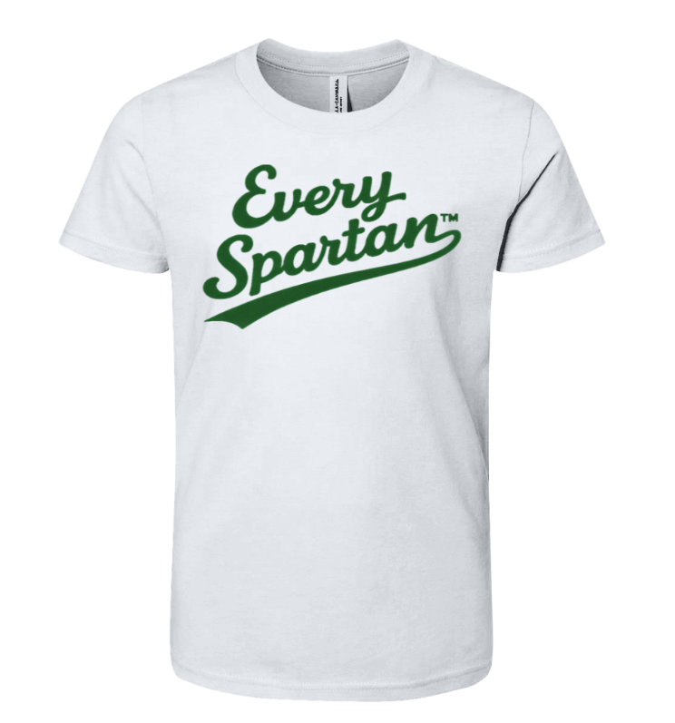 White T-shirt with green “Every Spartan” text and logo on the chest