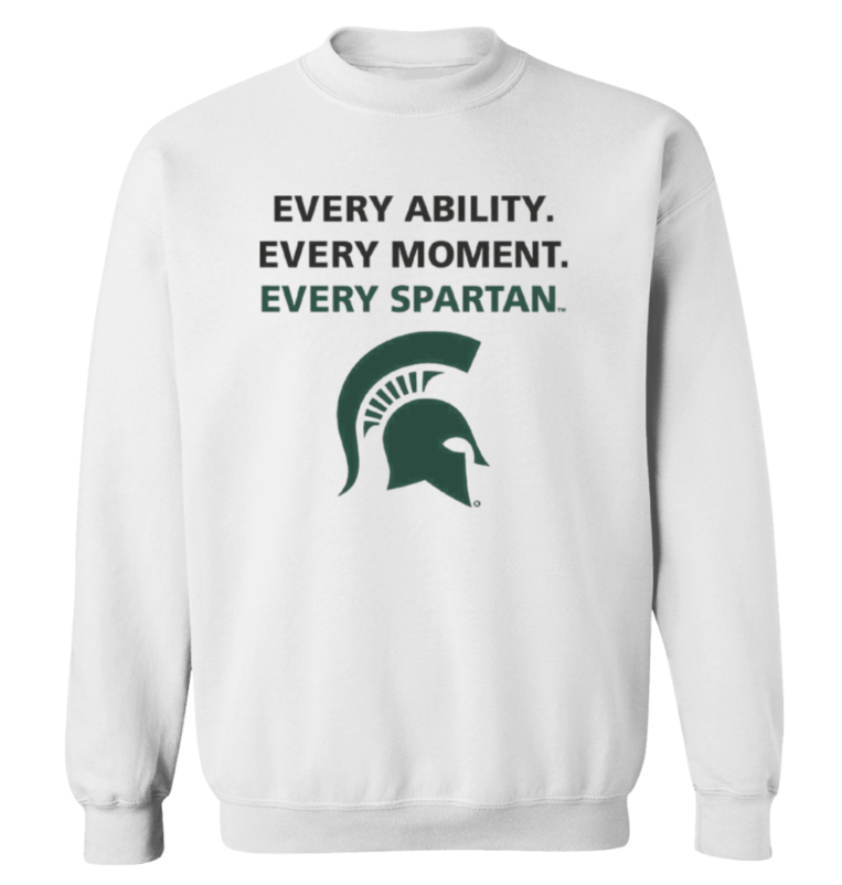 White sweatshirt with Spartan logo and text: 