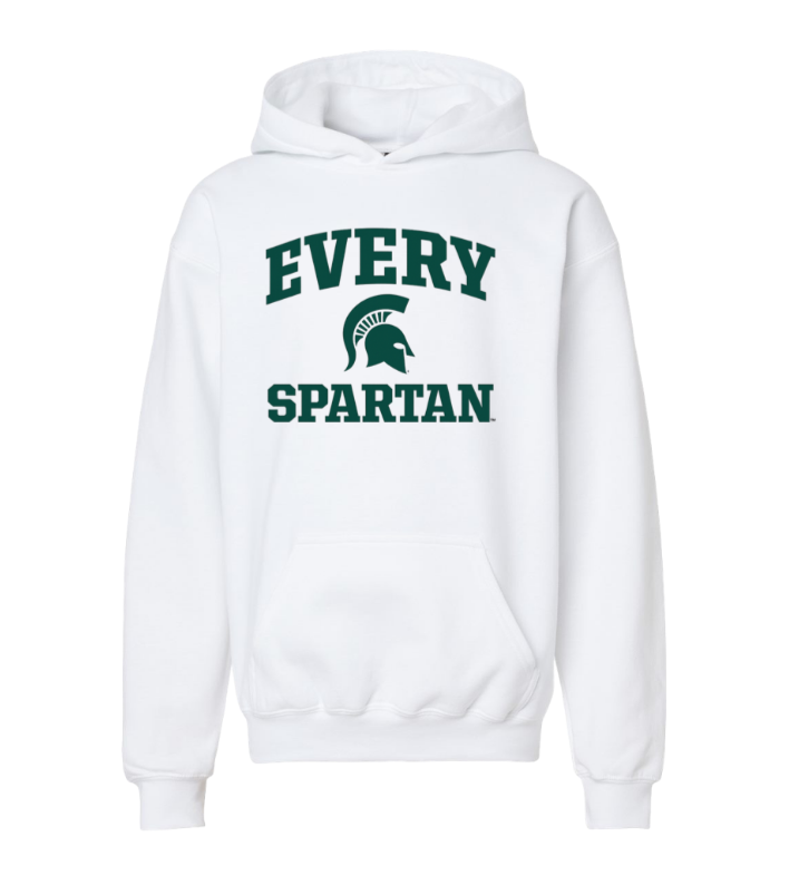 White hoodie with green “EVERY SPARTAN” text and Spartan helmet logo on the front.