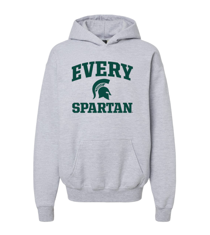Gray hoodie with green “EVERY SPARTAN” text and Spartan helmet logo.
