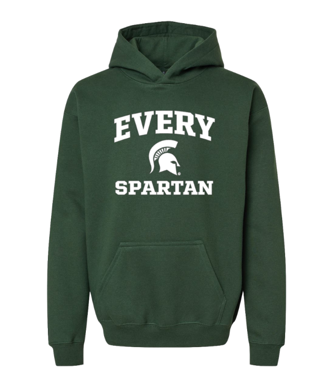 Dark green hoodie with white “EVERY SPARTAN” text and Spartan helmet logo on the front