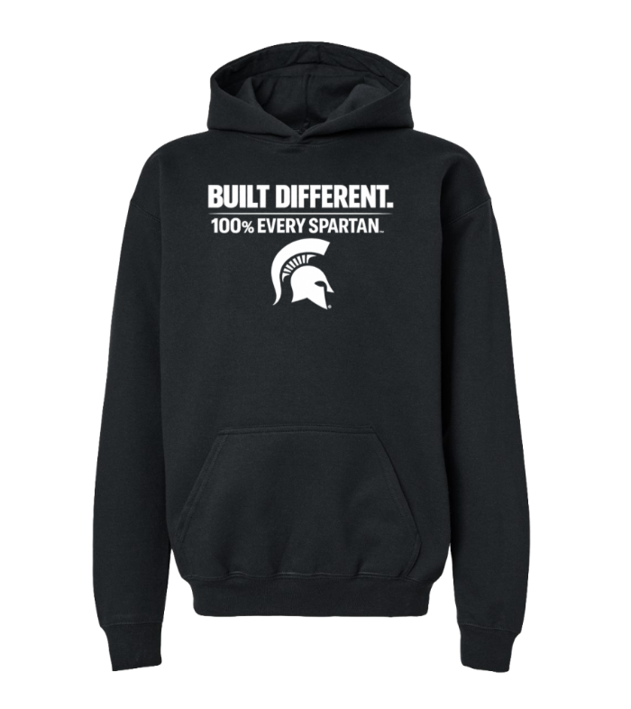 Black hoodie with “BUILT DIFFERENT. 100% EVERY SPARTAN.” text and Spartan helmet logo on the chest
