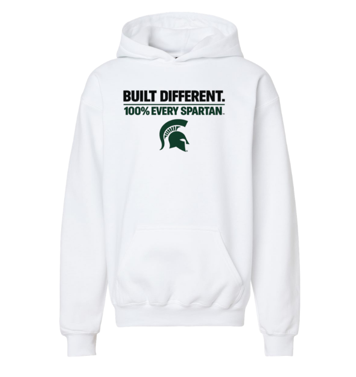 White hoodie with Spartan logo and text “Built Different. 100% Every Spartan.”