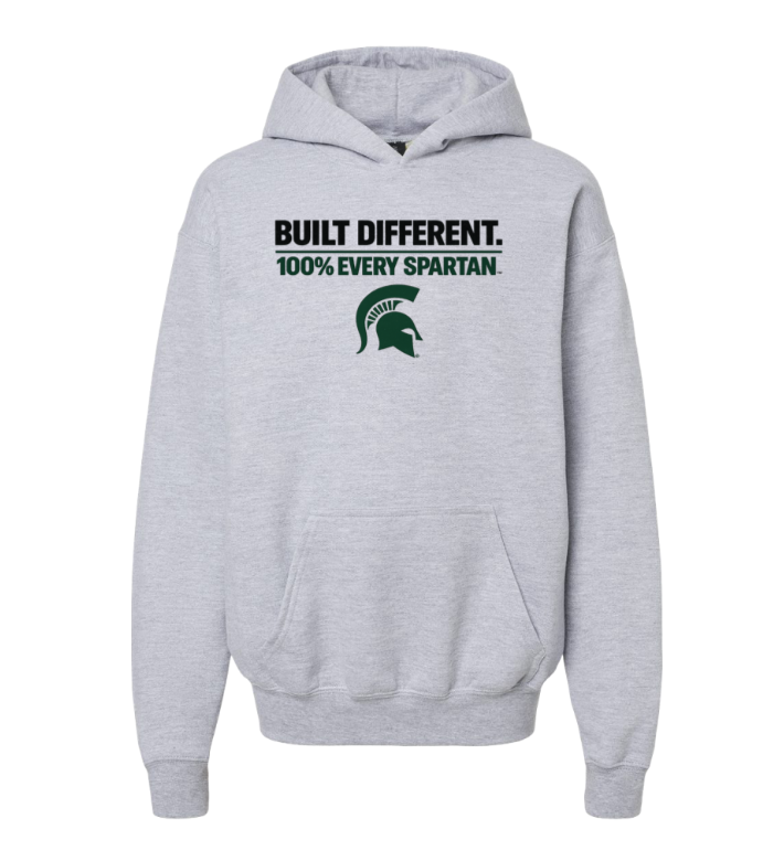 Gray hoodie with “BUILT DIFFERENT. 100% EVERY SPARTAN” text and green Spartan helmet logo