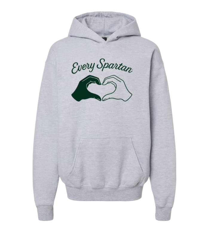 Light gray hoodie with “Every Spartan” text and a green-and-white hand graphic