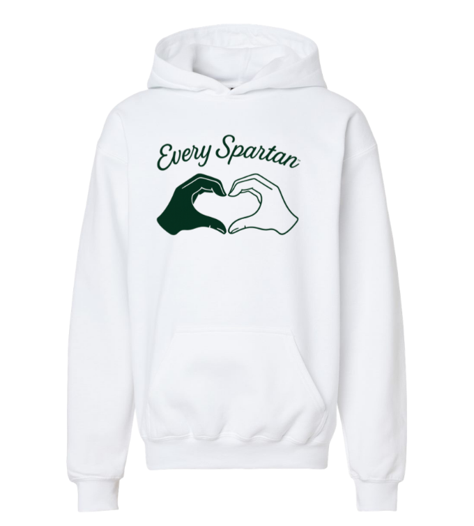 White hoodie with “Every Spartan” text and two green-and-white hands forming a heart