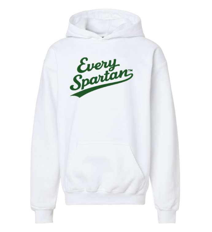 White hoodie with green “Every Spartan” logo on the front