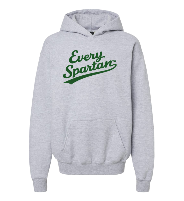 Gray hoodie with green “Every Spartan” text on the chest