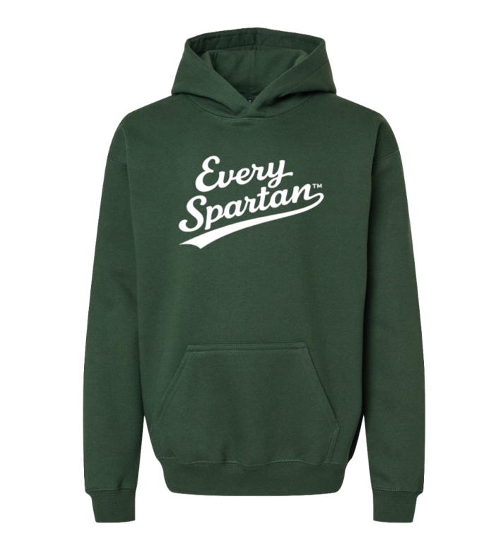 Dark green hoodie with white “Every Spartan” text on the front, shown against a white background