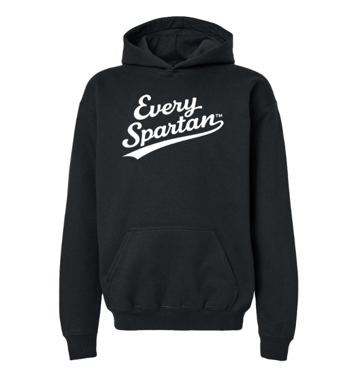 Black hoodie with white “Every Spartan” logo on the chest