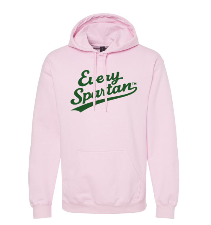 Light pink hoodie with green “Every Spartan” lettering on the front