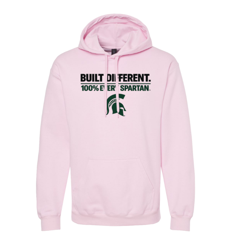Light pink hoodie with “BUILT DIFFERENT. 100% ER SPARTAN.” text and Spartan logo on the chest