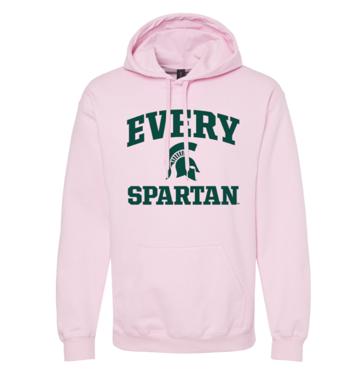 Light pink hoodie with green “EVERY SPARTAN” text and Spartan helmet logo.