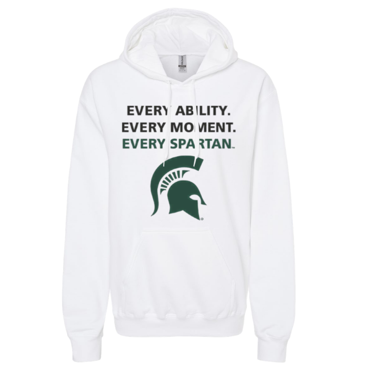 White hoodie with Spartan helmet logo and text: “Every ability. Every moment. Every Spartan.”