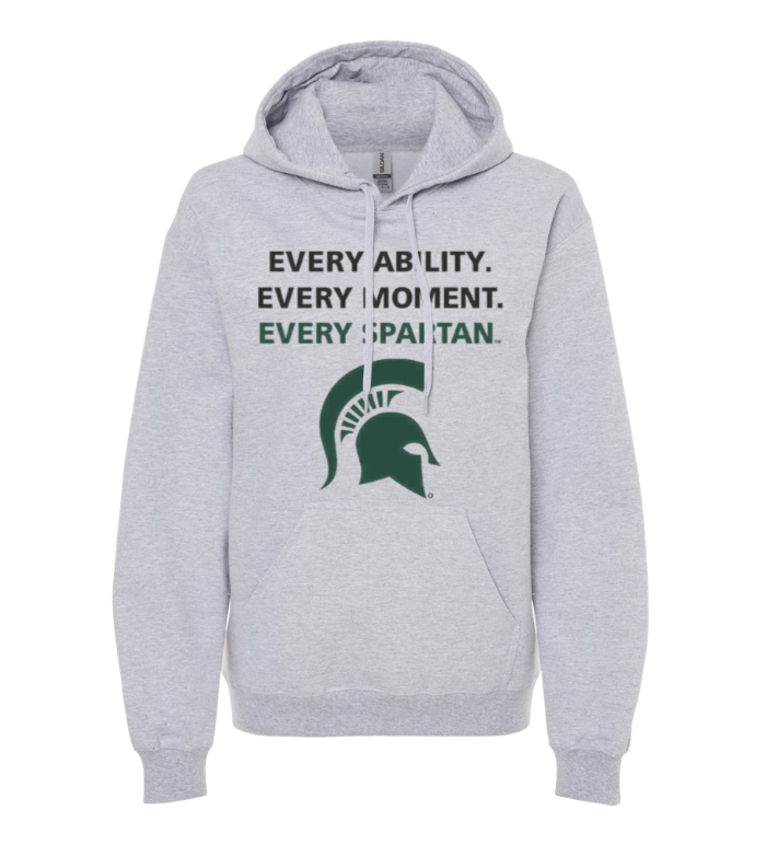 Gray hoodie with “Every ability. Every moment. Every Spartan.” text and green Spartan helmet logo