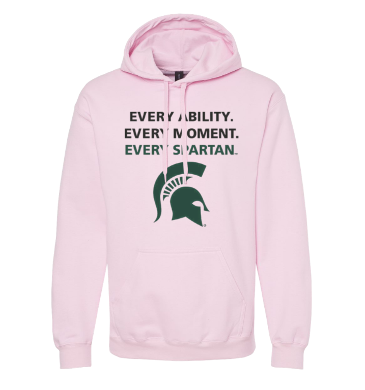 Light pink hooded sweatshirt with Spartan helmet graphic and “Every Ability. Every Moment. Every Spartan.” text