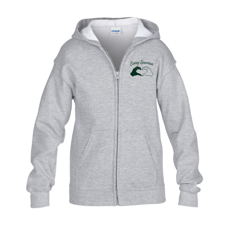 Light gray zip-up hoodie with green chest logo on a white background