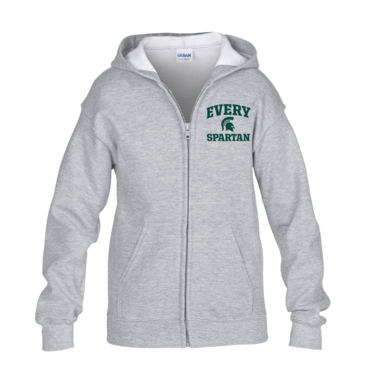 Light gray zip-up hoodie with green “EVERY SPARTAN” text on the chest