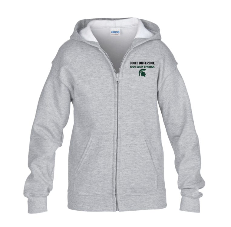 Light gray zip-up hoodie with a small black and green logo on the chest