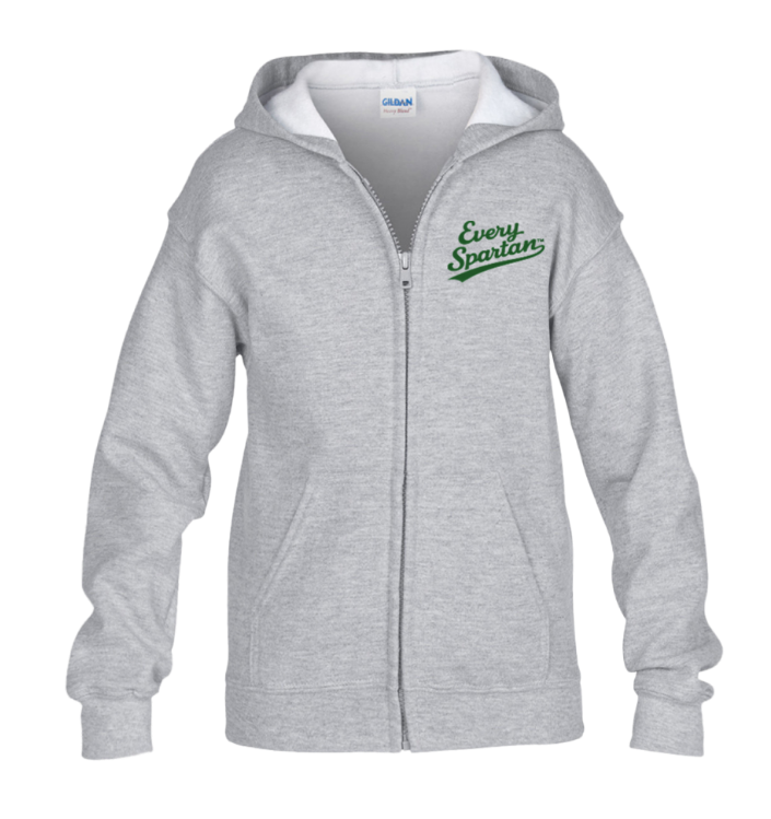 Light gray zip-up hoodie with green “Every Spartan” logo on the chest